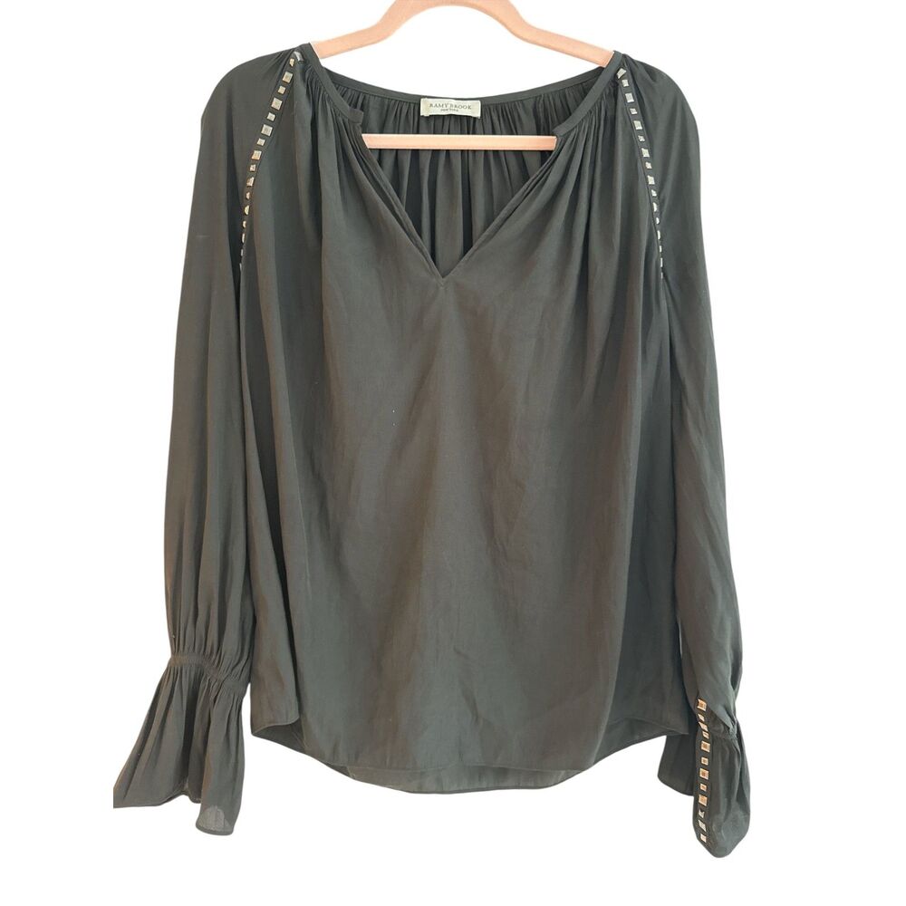 Ramy Brook Black Studded V-Neck Balloon Sleeve Blouse EUC $395